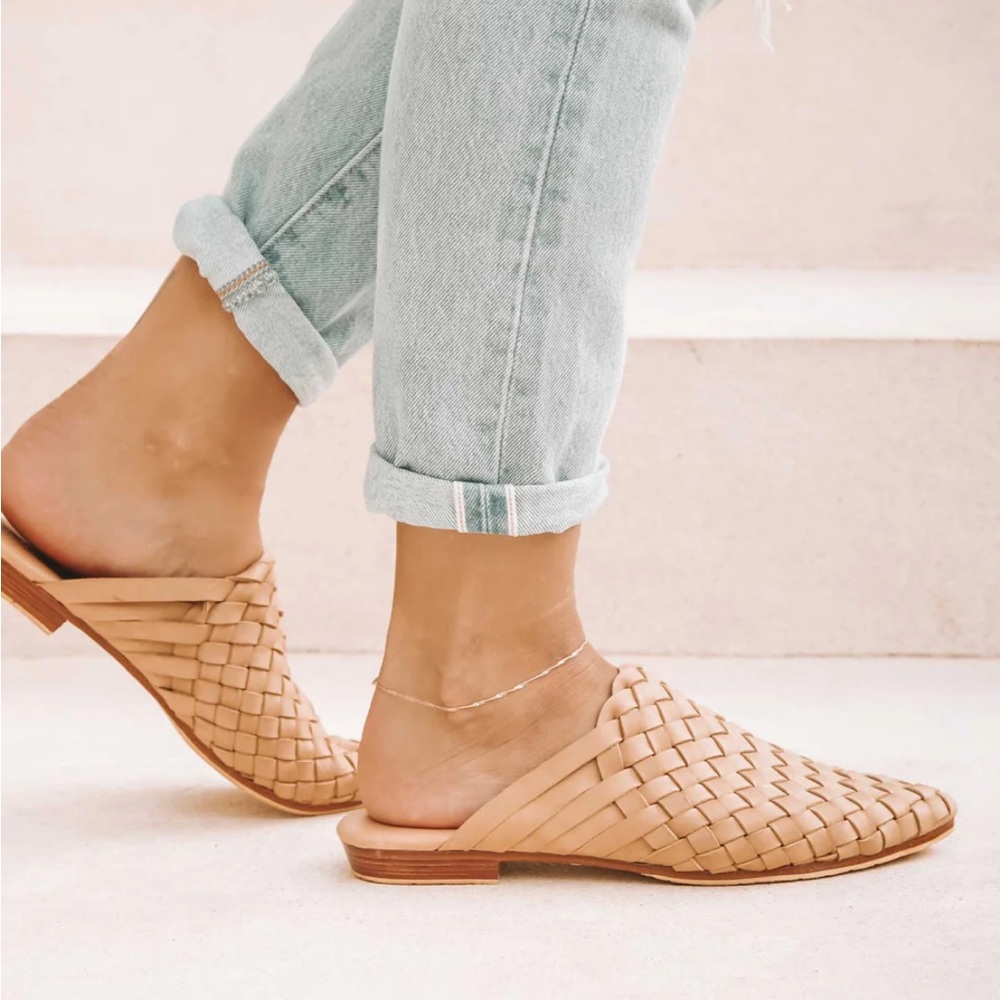 Liberte Tulum‎ Woven Mule - Cream Tan Woven Slip-On Handmade 100% Leather Flat